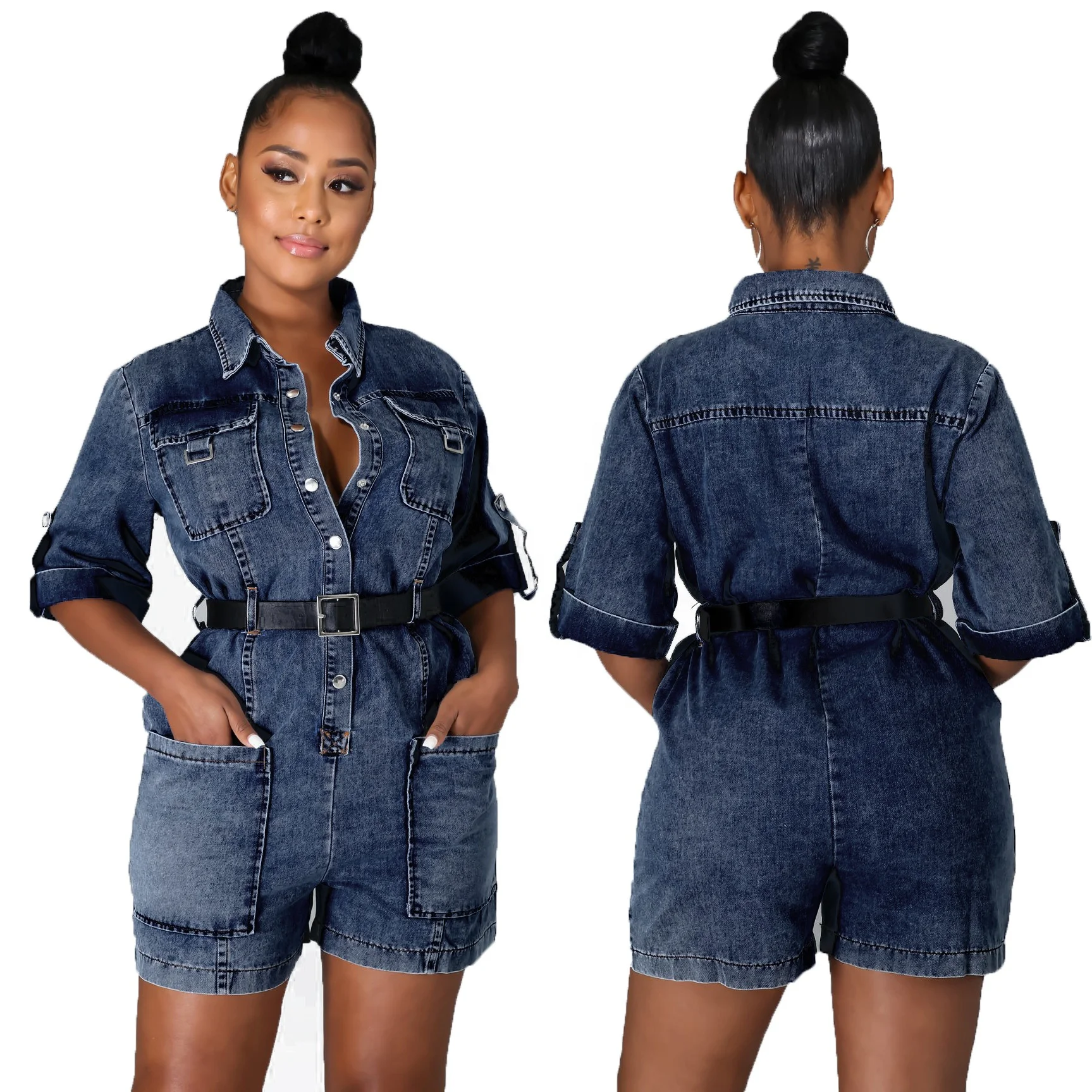 

6036 2020 Wholesale fashionable casual ladies jean jumpsuit blue jean one piece fall summer denim romper woman, As picture or customized make