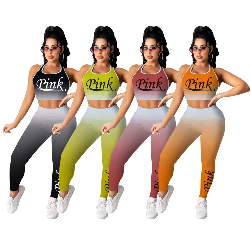 

Pink Women Yoga Fitness Outfits Tank Tops Leggings 2 Piece Set Tracksuit T-shirts Tights Jogging Suit Sportswear Summer Clothing