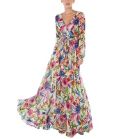 

Casual Dress 2019 Mix Color Print Lantern Long Sleeves Floor Length Women Dress