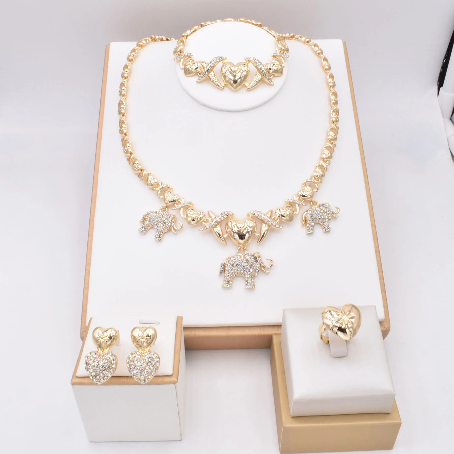 

Fine Jewelry Wedding Crystal Elephant XOXO Jewelry Set Gold Classic with Elephant Ring Gift Dubai Gold Necklace Earring NT0178, Gold color