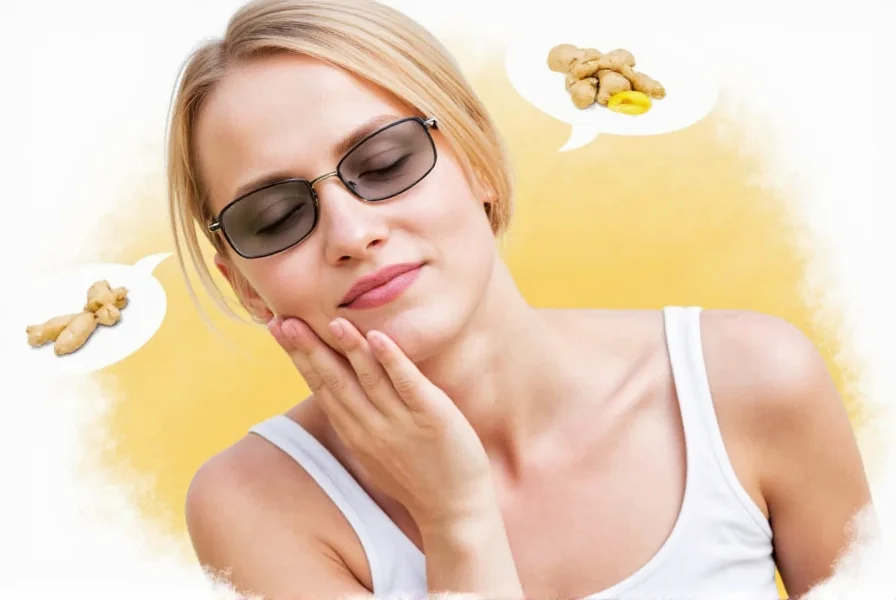 Fresh ginger root, ginger capsules, and ginger tea arranged for motion sickness relief