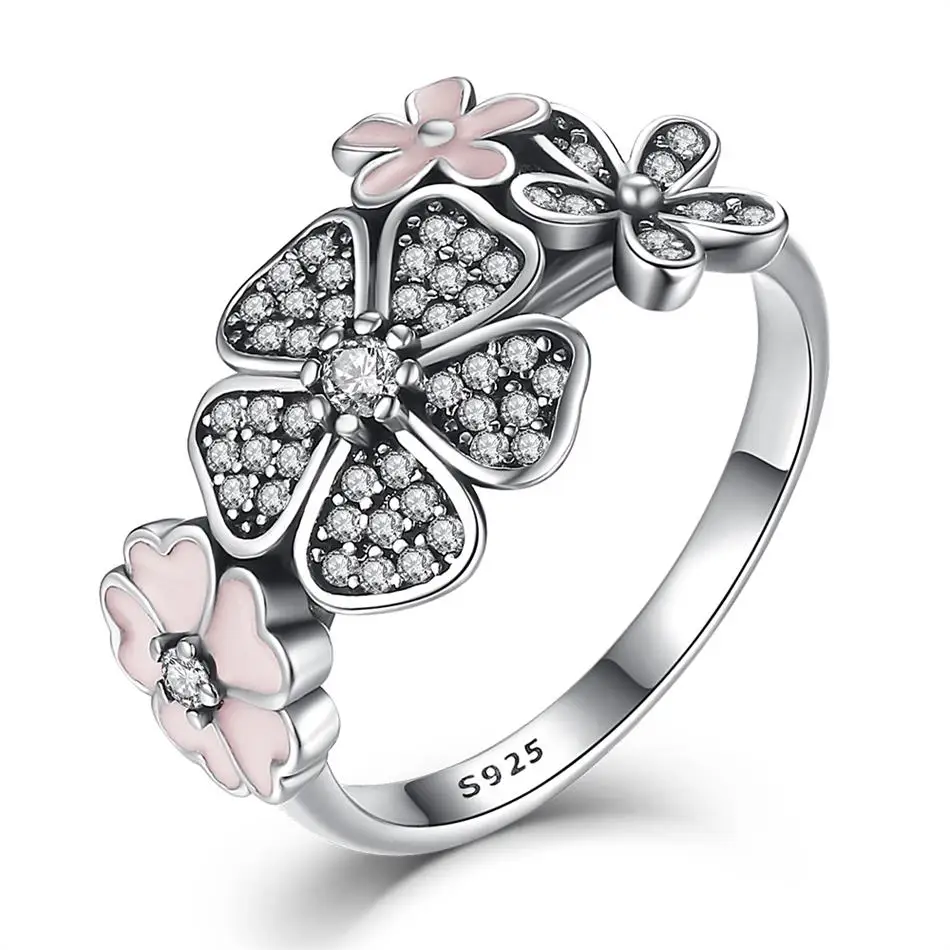 

Fashion 925 Sterling Silver Pink Enamel Flower Ring Daisy Cherry Blossom Finger Ring for Women Silver Jewelry Gift