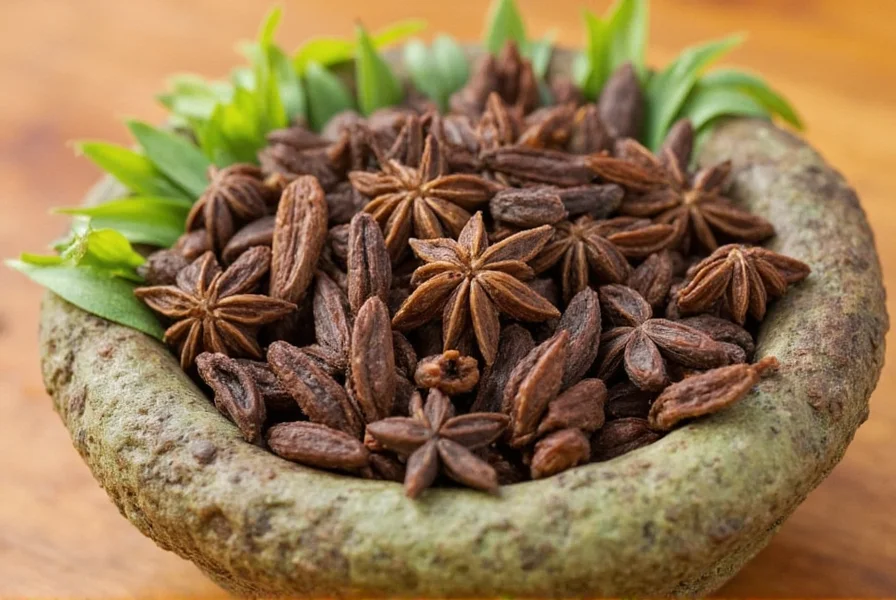 Close-up comparison of anise seeds and star anise showing physical differences