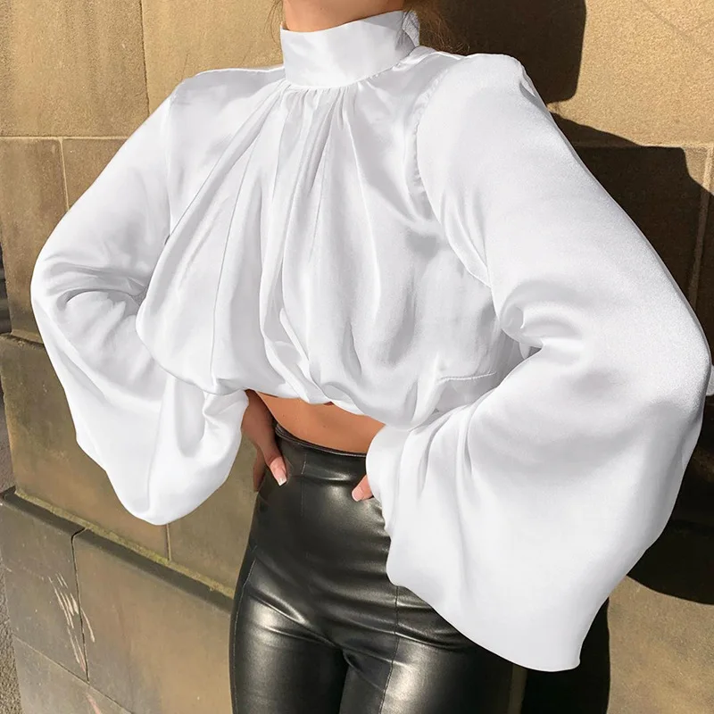

Spring Autumn Sexy White Black Satin Turtleneck Women Blouses And Tops Lady 2021 New Designs Lantern Long Sleeve Crop Top
