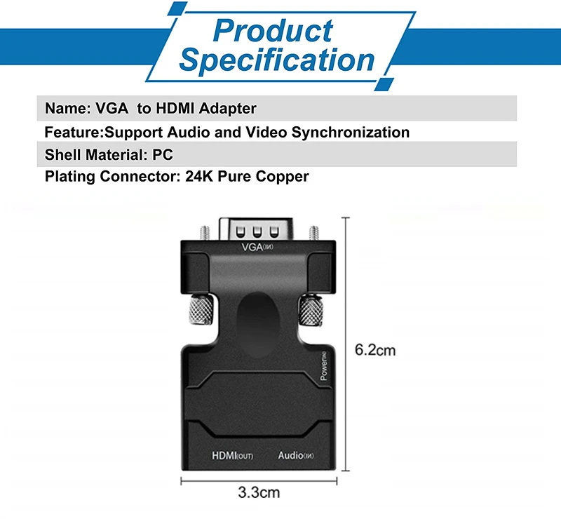 HDMI Female to VGA Male Converter+Audio Adapter 1080P HDMI to VGA Converter with Audio Output Cable - ANKUX.COM