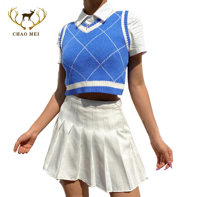 

Hot Selling Argyle V Neck Knitting Crop Top Women Sweater Vest