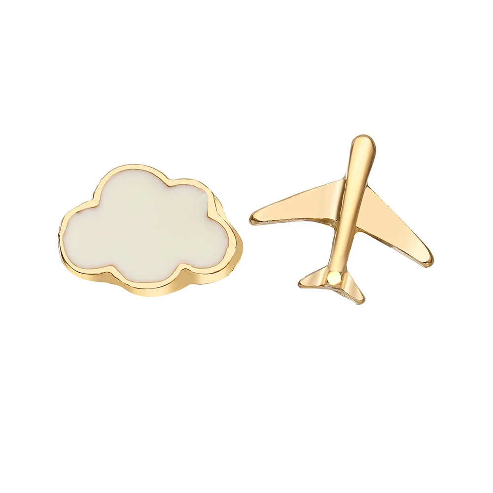 

Summer Cute Mini Asymmetry Airplane White Cloud Enamel Earring For Women, Golden