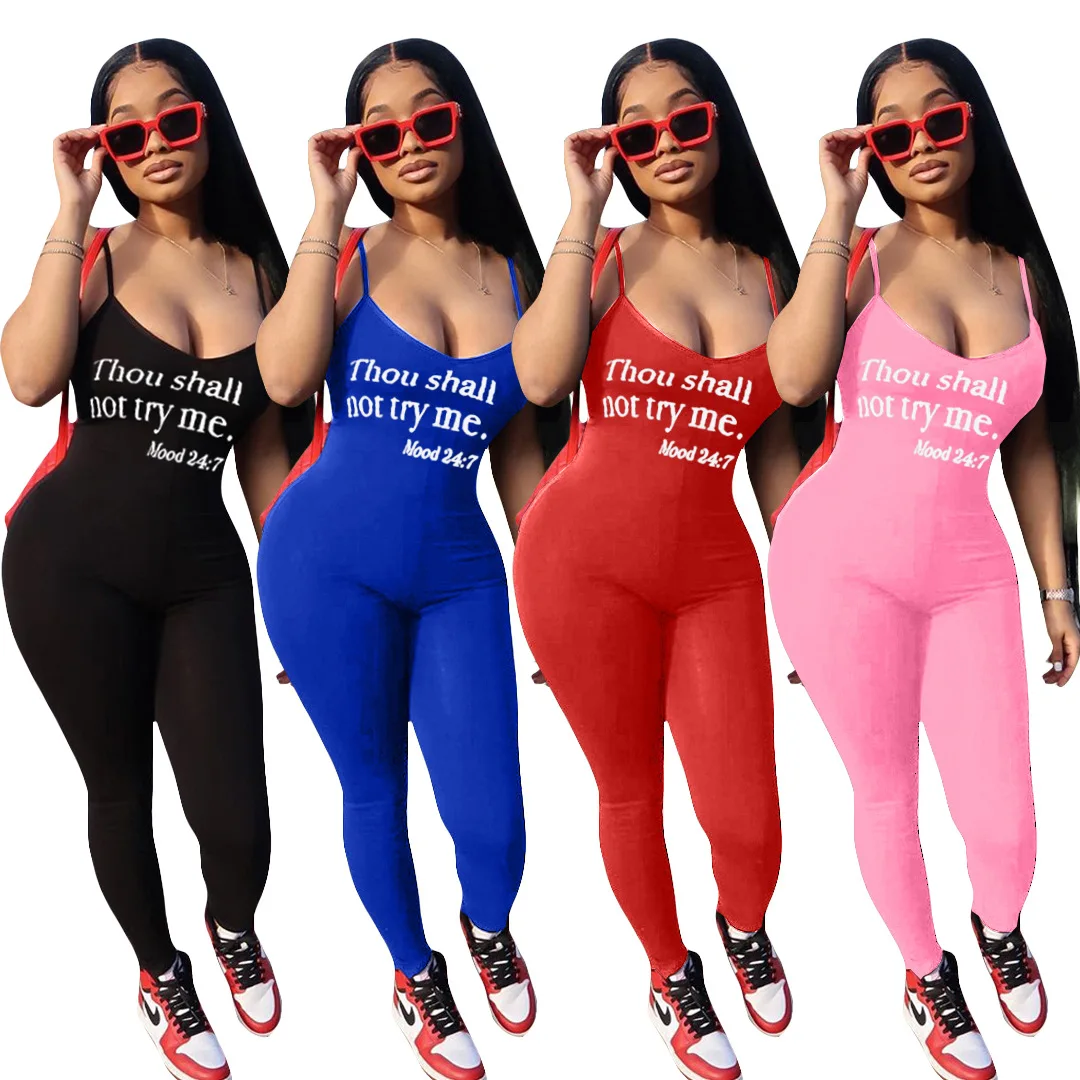 

Hot selling letter print Summer 2020 ladies sports basic spaghetti bodysuit women one piece short jumpsuit and rompers, 4 colors