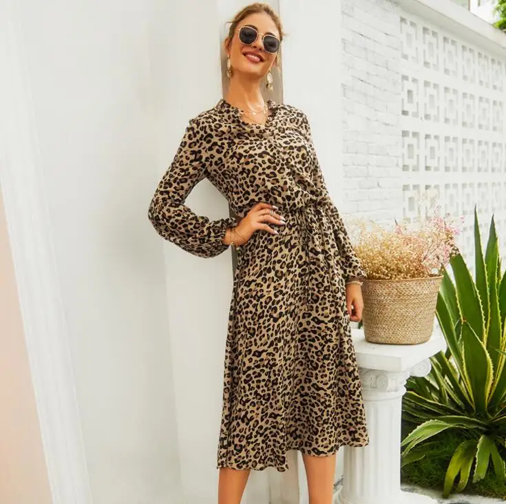 

Low MOQ Fashion Leopard Dress Casual Women Long Sleeves Elegant Knee Length Casual Dress, Khaki,green,red,white or customized colors
