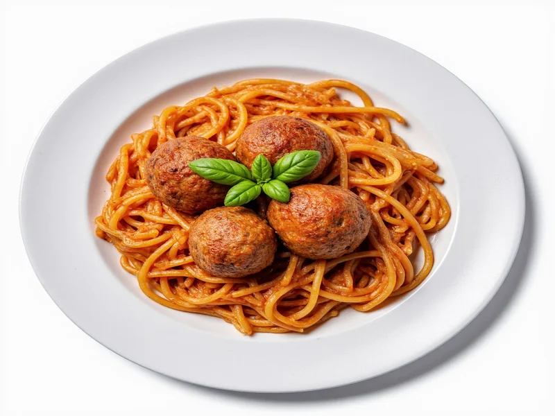 Plated spaghetti with meatballs and fresh basil garnish
