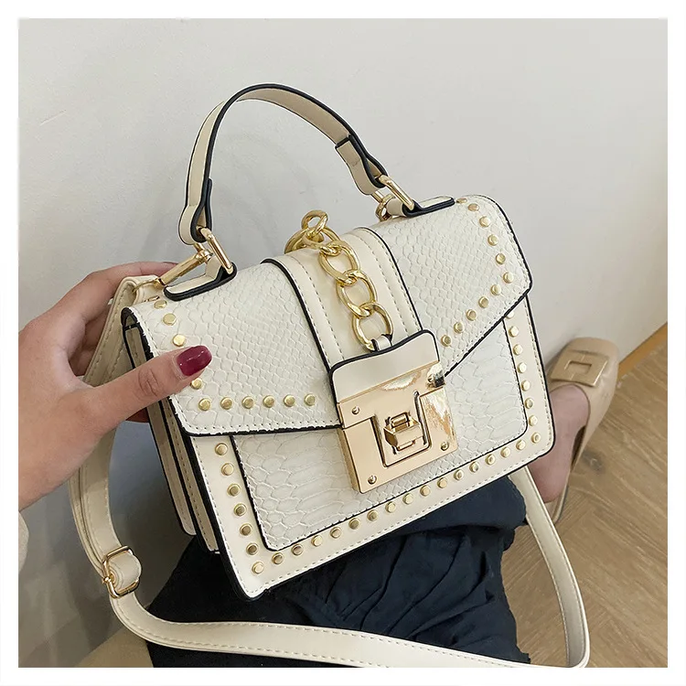 

Hot selling custom wholesale luxury snakeskin leather shoulder bags women handbags crossbody purses with rivet, 4colors