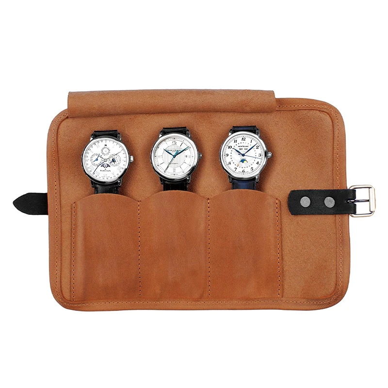 

Leather Watch Roll Travel Organizer Holds Up to 3 Watches Case, Customized