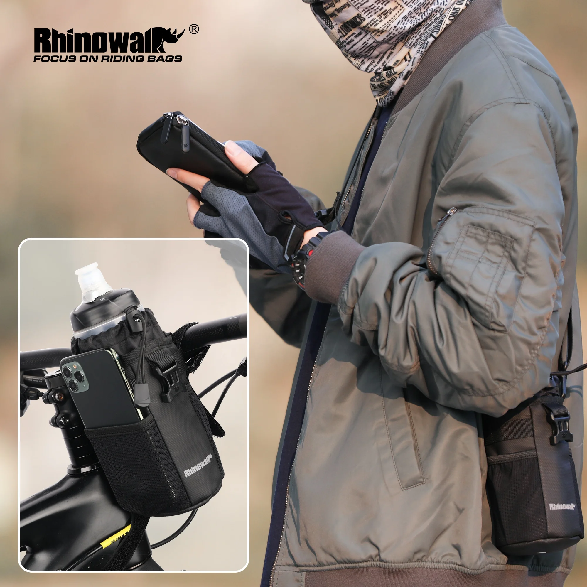 

Rhinowalk Bikepacking Snack Bag Bicycle Seam Bag & Phone Case, Bike Handlebar Drink Bottle Holder Pouch Pack, Black
