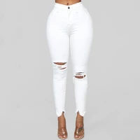 

2019 Solid White Black Plus Size Pants High Waist distressed Ripped Skinny Jeans For Women