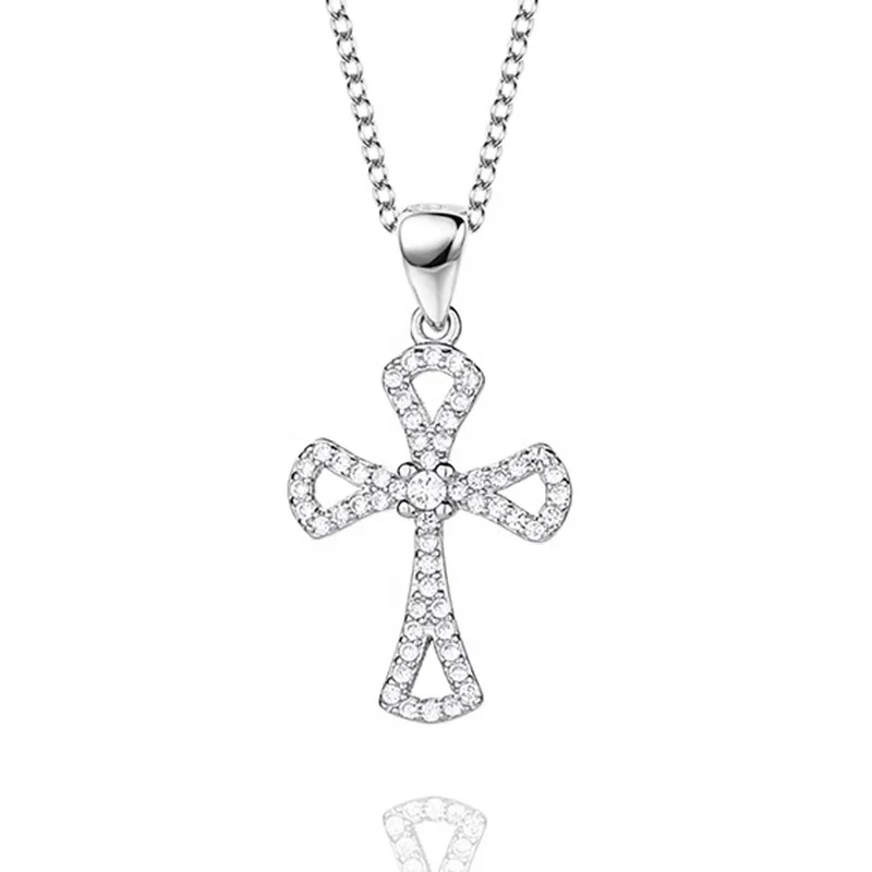 

High Quality Diamond Christian Religion Jewelry 925 Sterling Silver Simple CZ Micro Pave bling cross pendant necklace for women