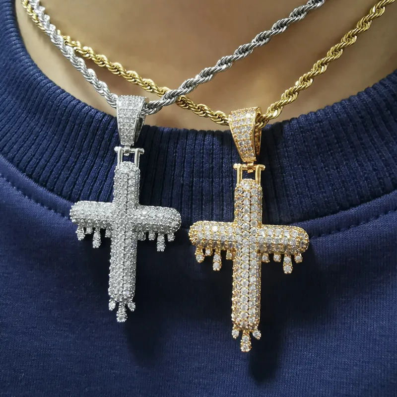 

Hip Hop Copper Jewelry 18K gold-plated micro-tiled diamond AAA Cross pendant with water Drop necklace ice out zircon pendant