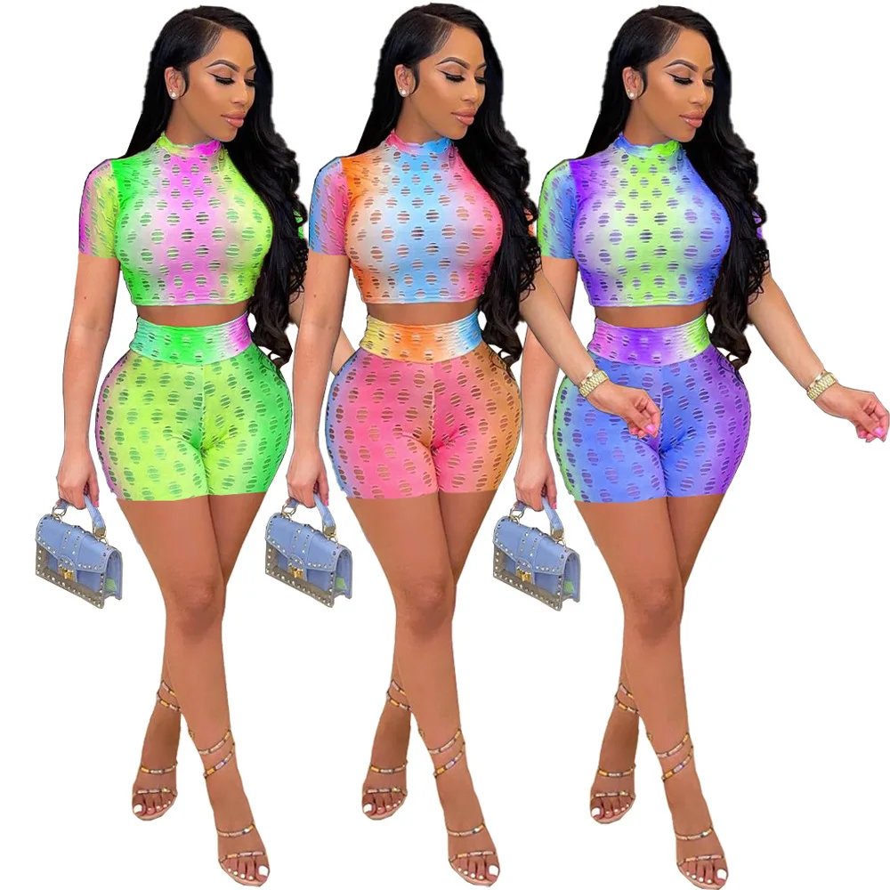 

2021 New Arrivals Fashion Women Casual Short Sleeve Crop Short Pants 2 Pieces Set Hollow Out See-through Tie Dye Tracksuit, Picture show