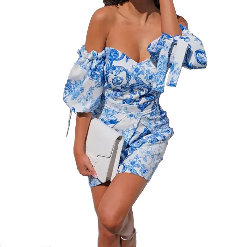 

Puff Sleeve Casual Mini Off Shoulder Floral Women Dress, Picture color
