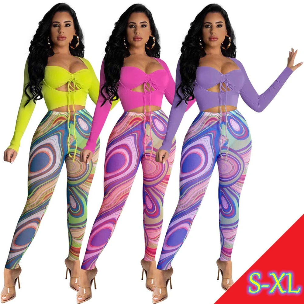 

MISS Q G68523 Two-piece Sets Solid Color Long-sleeved Blouse With Square Neckband And Mesh Thread Printed Pants Women's Suit
