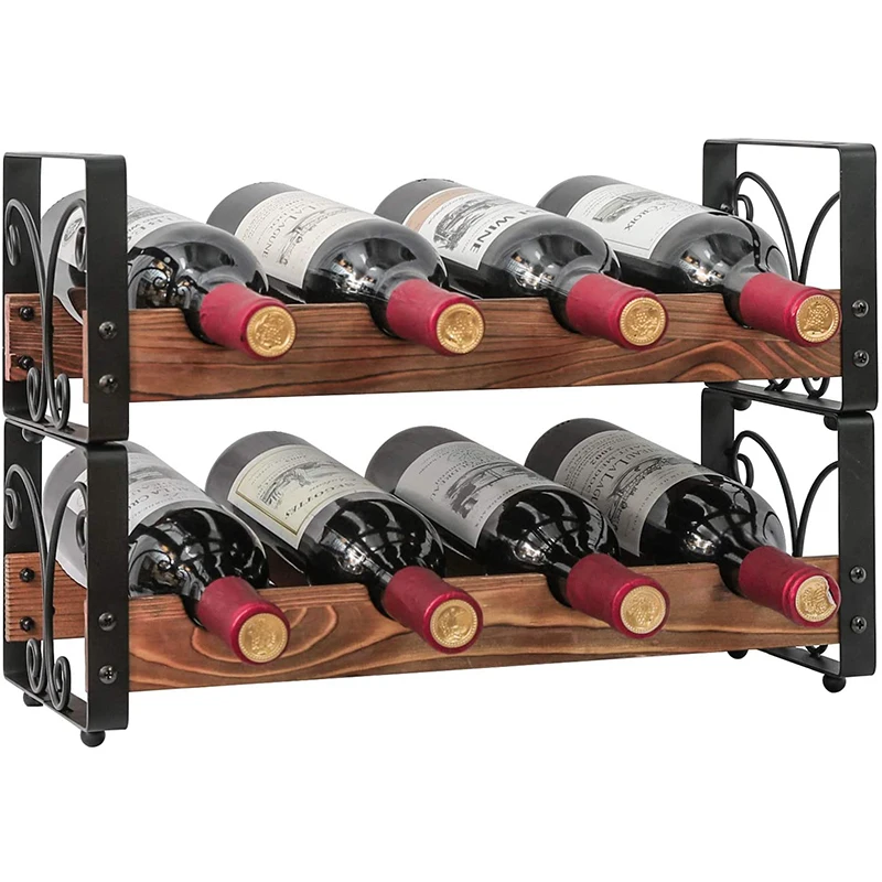 

8 Bottle Stackable Wine Rack Freestanding 2 Tier Organizer Holder Stand Countertop Liquor Storage Shelf Solid Wood & Iron, Black