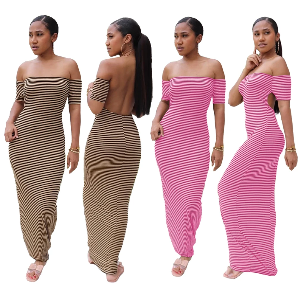 

Women Sexy Short Sleeve Stripe Dress Ladies Casual Office Bodycon Backless Maxi Dresses For Women 2021 Spring Summer Clothing, Shown