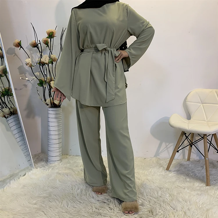 

2 Pieces Suit Solid Color Wide Leg Pants Muslim Woman Suit For Women Muslim