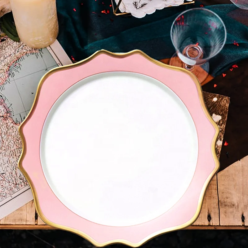 

Wholesale 24K Gold Rim Sunflower Porcelain Charger Plate for wedding Luxury Baroque scalloped White Pink Copper Dinnerware Sets, White,black,pink,green,blue