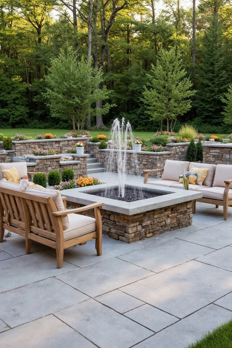Multiple styles of fountain fire pit combos displayed side by side