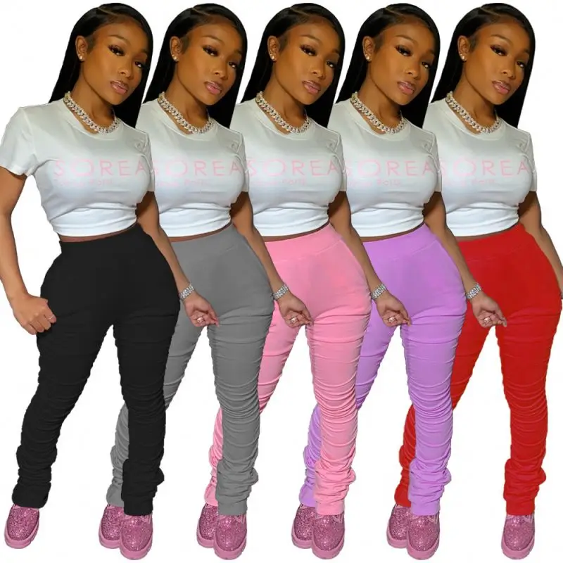 

2021 New Solid Color Women Stack Leggings Stacked Pants Legging Sweat Pants with Ruched Sides, Red / grey / black/pink/purple