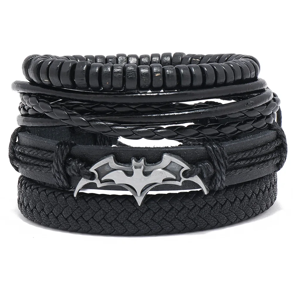 

2023 Hot Sale Pu Leather Men Braided Black Bead Simple Design Multilayer Bracelets Bangle