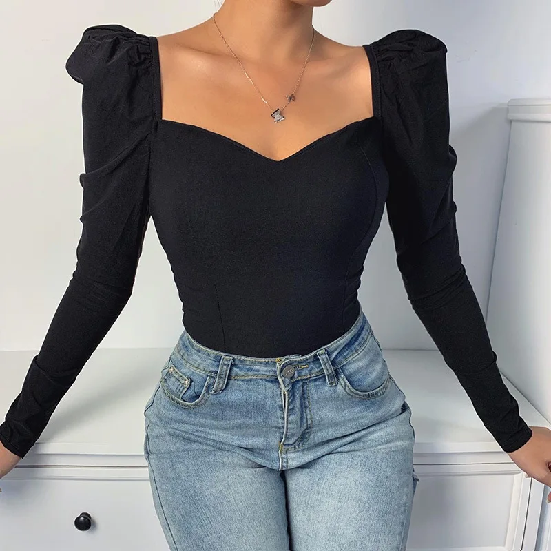 

JK-Y221 Wholesale 2021 Spring Elegant Square Collar Casual Retro Style Tops Fashionable Shirts Women Clothes, Picture color