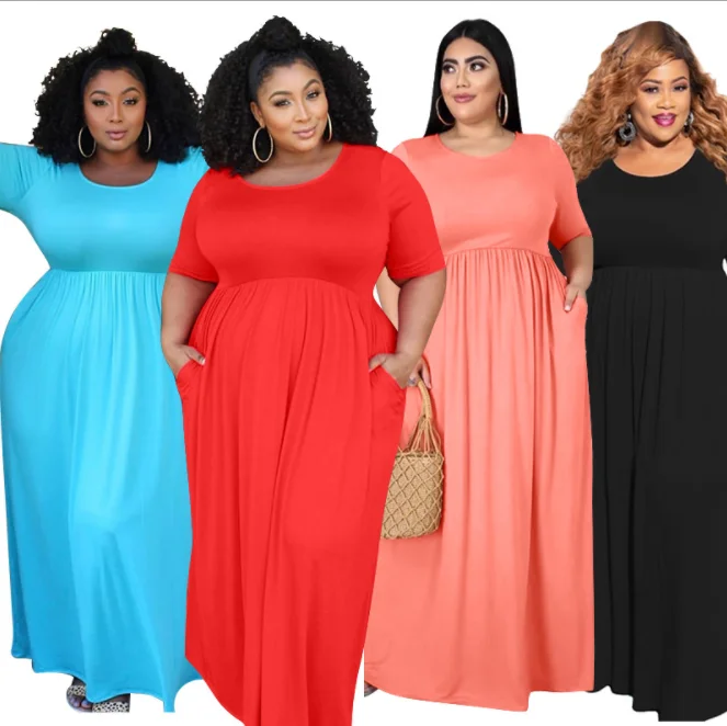 

AA0253 2020 Fall Fashion Ladies Floor Length Solid Cotton Casual Tshirt Loose Dress For Women