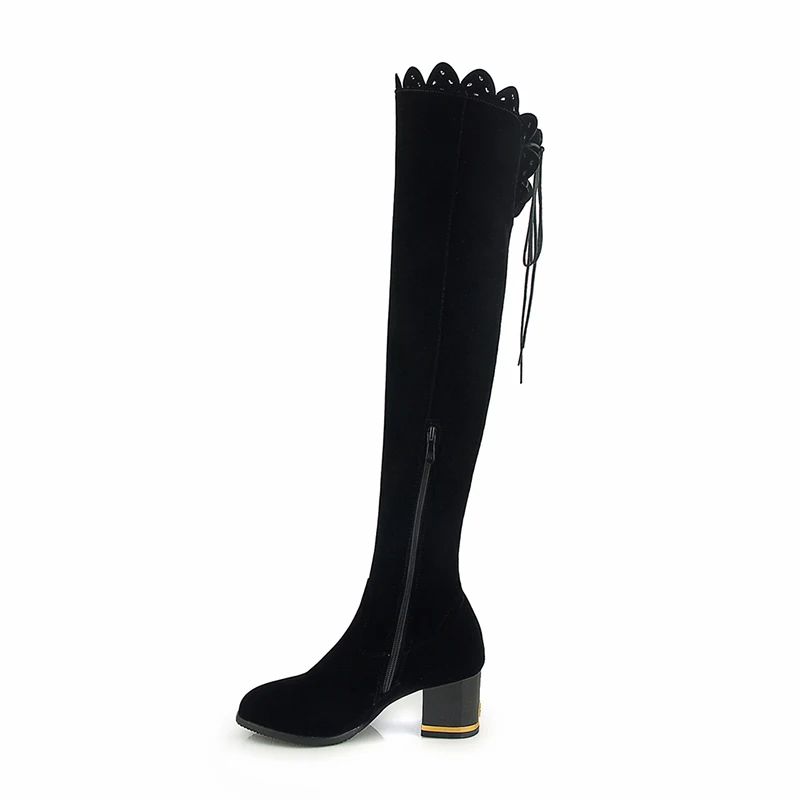 

Winter Round Head Waterproof Classic Snow Warm Leisure Ladies' Suede Over-the-Knee Boots, Black