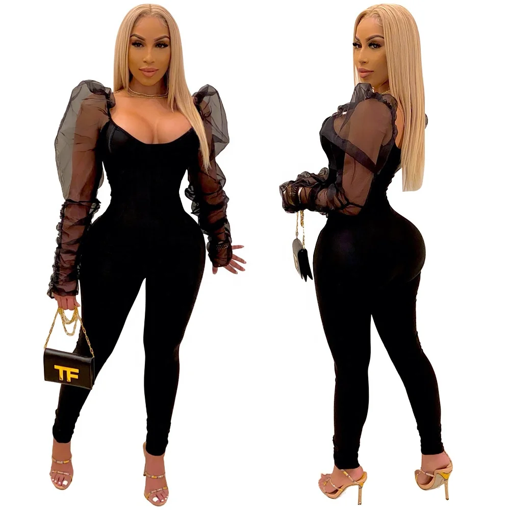 

Women Bodycon Mesh Stitching Puff Pleated Long Sleeve Jumpsuit, Black