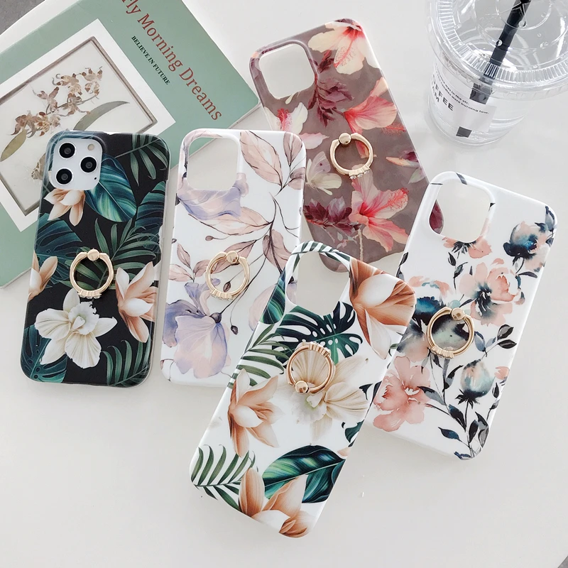 

Matte frosted flower soft tpu mobile phone case ring holder for IPhone 11 12 Pro Max