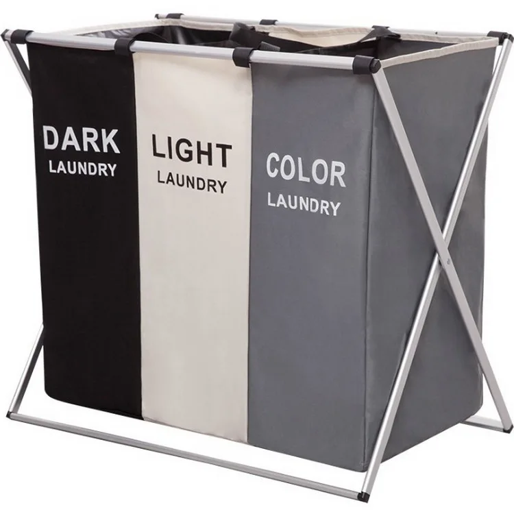 

QJMAX 3 Sections Laundry Hamper Basket With Aluminum Frame Durable Dirty Clothes Bag For Bathroom, Customized