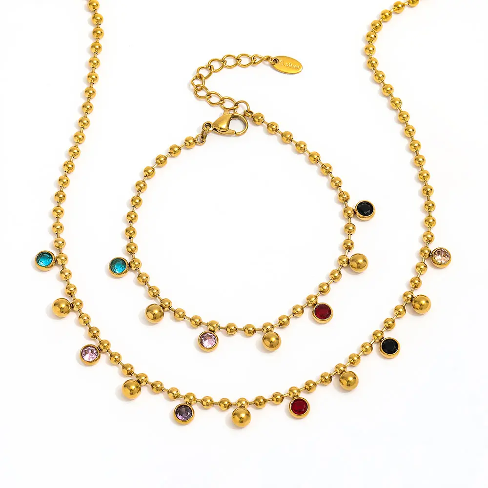 Joolim 18K Gold Plated Colorful Glass Stone Tassel Pendant Bead Chain Necklace Stainless Steel Jewelry Wholesale Bracelet Set