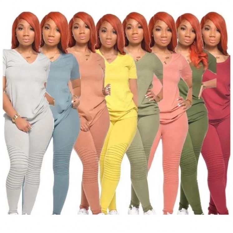 

0072347 New Arrival Autumn Sexy Solid V-neck T-shirt And Draped Pants 2 Pcs Outfits Two Piece Set Women Clothes Matching Sets