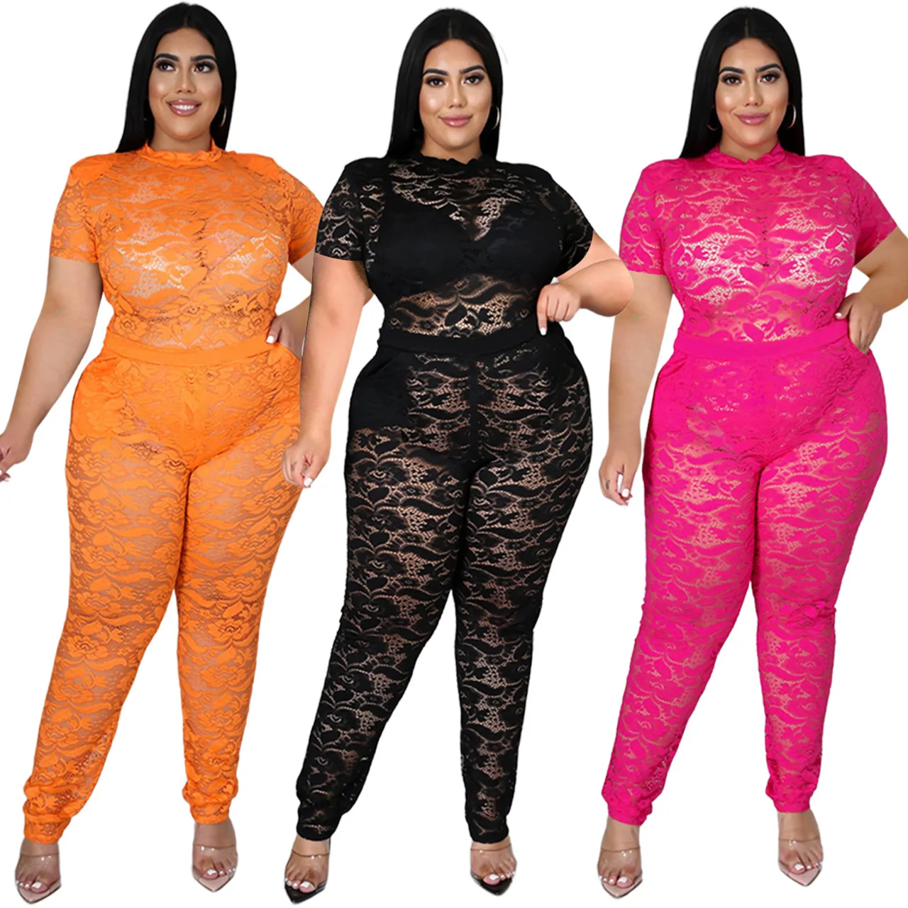 

J22Y6107 New arrival fat lady women clothing set plus size women's sets club see through summer clothes sexy lace two piece sets