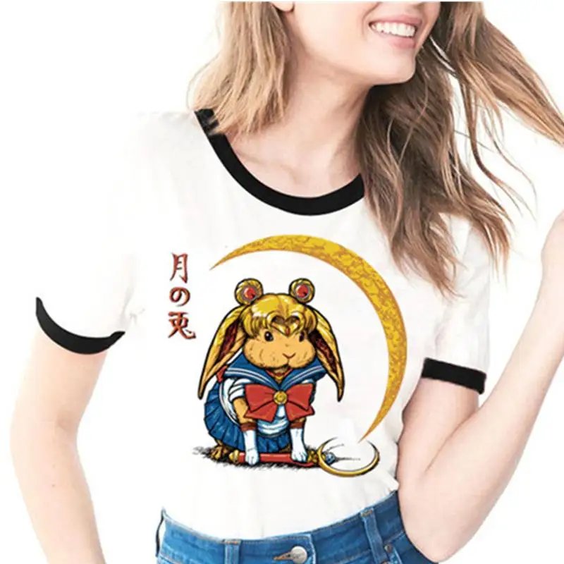 

Funny Sailor Moon Rabbit Digital Printing White Women Casual Clothing Top Women T shirt GAO
