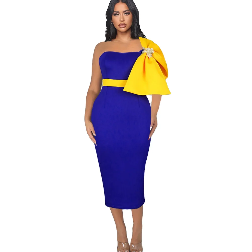 

C0405ME89 African Latest Plus Size Elegant One Shoulder Bow Decorated Bodycon Dress Sehe Fashion