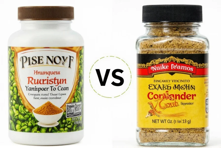 Comparison image of whole coriander seeds vs. coriander seed powder