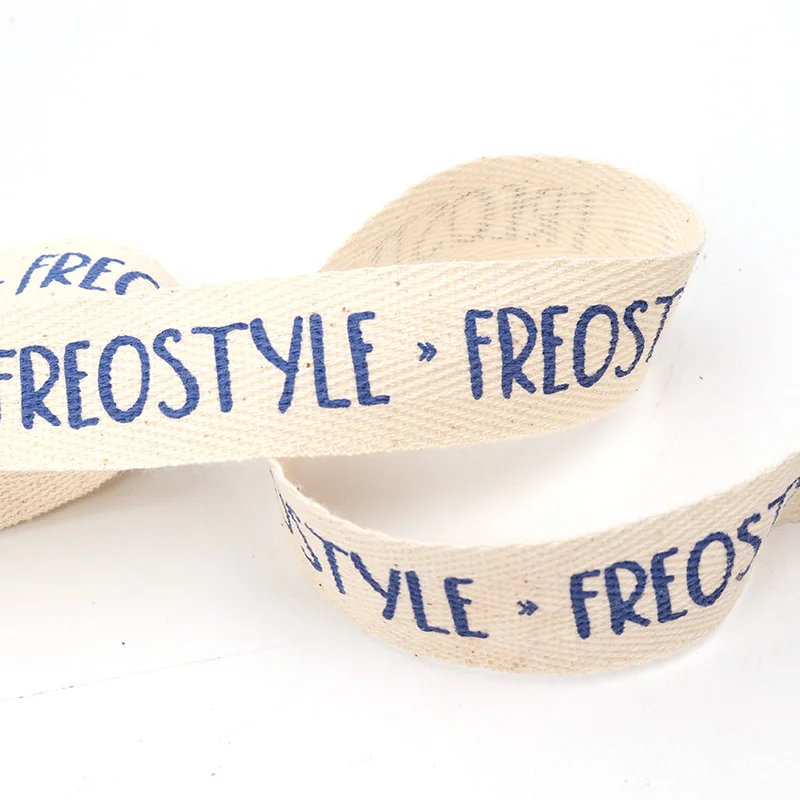 

High Quality Silk Screen Printing Blue Logo Natural Color 100% Cotton Ribbon Gift Ribbon Wholesale Custom