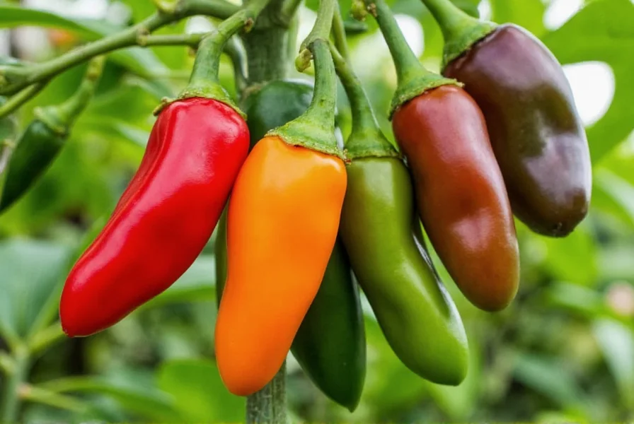 Colorful Mad Hatter peppers at various stages of ripening on plant