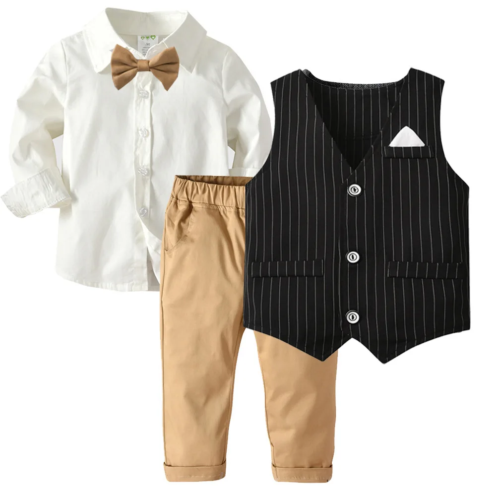 

LZH Boys Simple Atmospheric Long-Sleeved Shirt Striped Vest Trousers Suit Children's Gentleman Dinner Dress