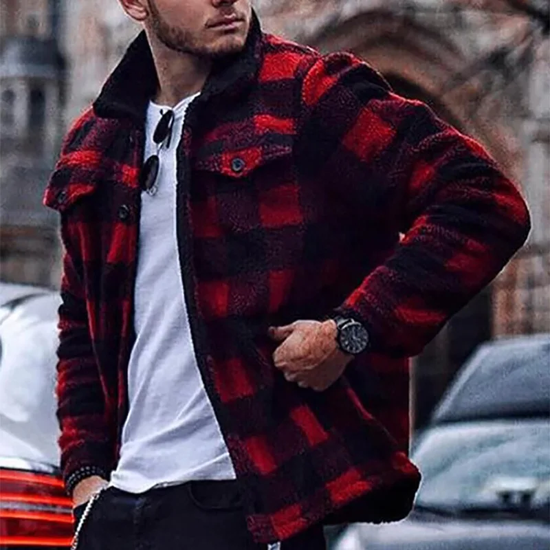 

2021 New autumn Clothing plus size men's jackets Zipper Casual Long Sleeved Red Plaid Men's Coat