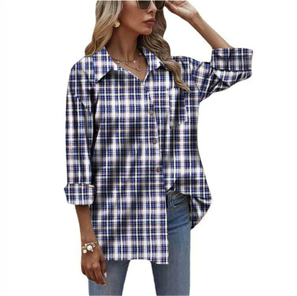 

2021 Spring Fashion Women Long Sleeve Button Up Loose Cotton Outwear Plaid Shirt Tops