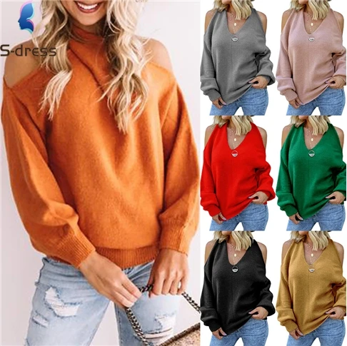 

Women Fashion Top Ladies Off Shoulder Long Sleeve Knit Blouse Casual V-neck Women Sweater
