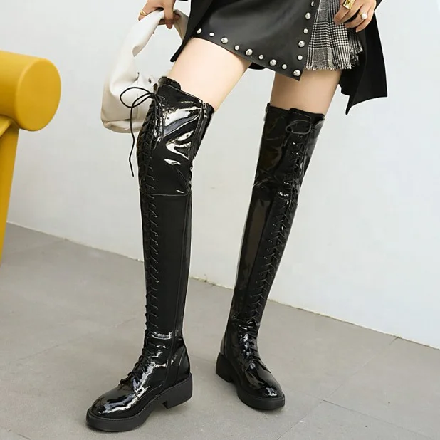 

Big Size 43 Platform Reflective Upper Lace Up Women Round Toe Thigh High Boots Side Zipper Casual Over Knee High Long Booties, Black,beige,silver