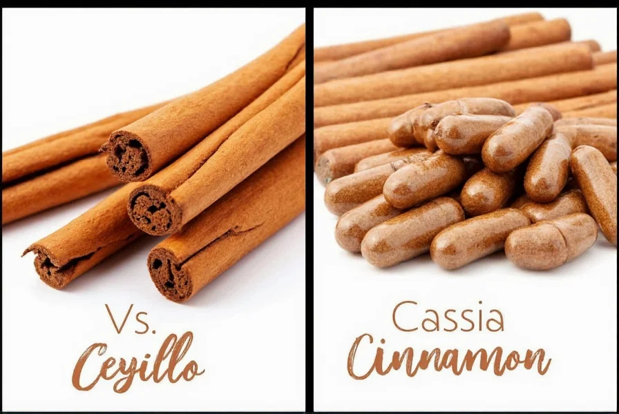 Two types of cinnamon sticks side by side with supplement capsules showing Ceylon vs Cassia cinnamon differences
